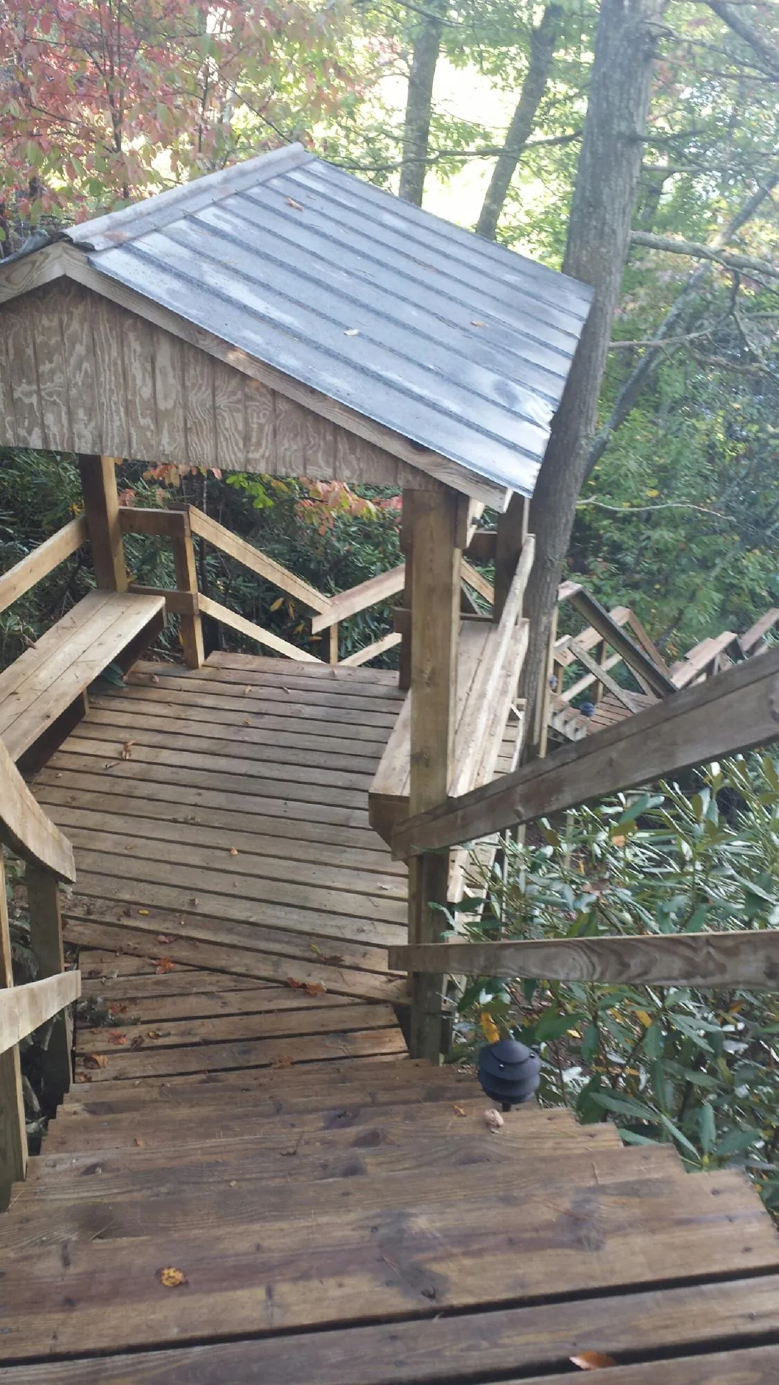 Metal roofed shelter over wooden steps on a wooded walkway — Skylight Repair & Installation work by our crew in Melvern